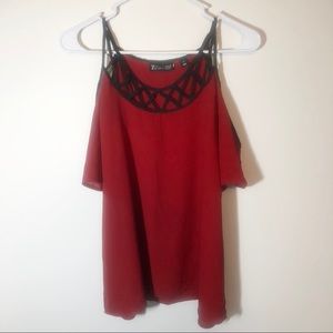 Red and Black Caged Cold Shoulder Top